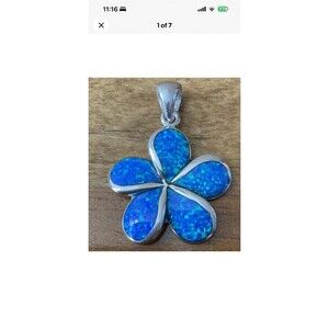 Sterling Silver Hawaiian Created Blue Plumeria Inlay Opal Flower Pendant Stamped